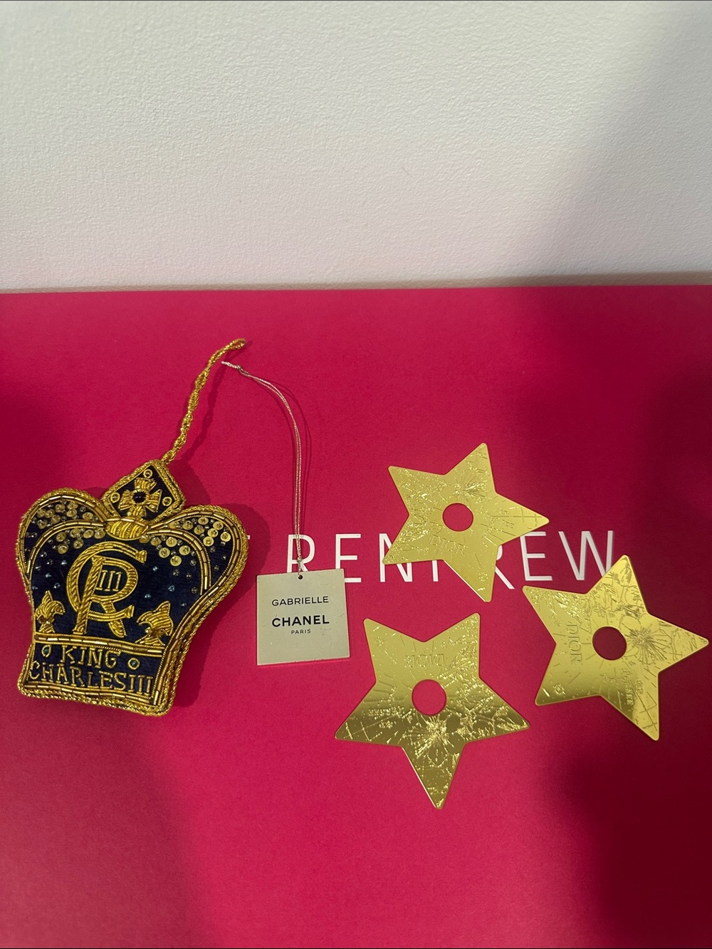 CHANEL Black & Gold Embroidered Crown Ornament with Star Accents